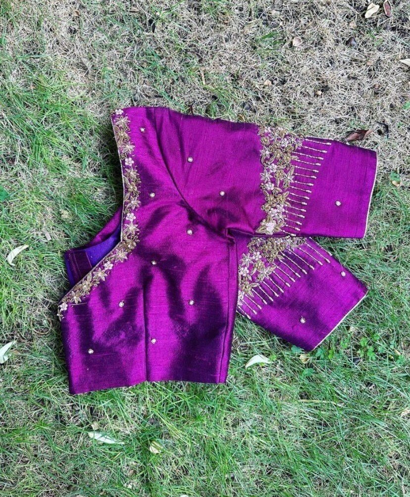 pure silk hand embroidery blouse/saree maggam blouse/purple zardosi blouse/hand embroidered blouse /magenta pink ready made blouse zardosi