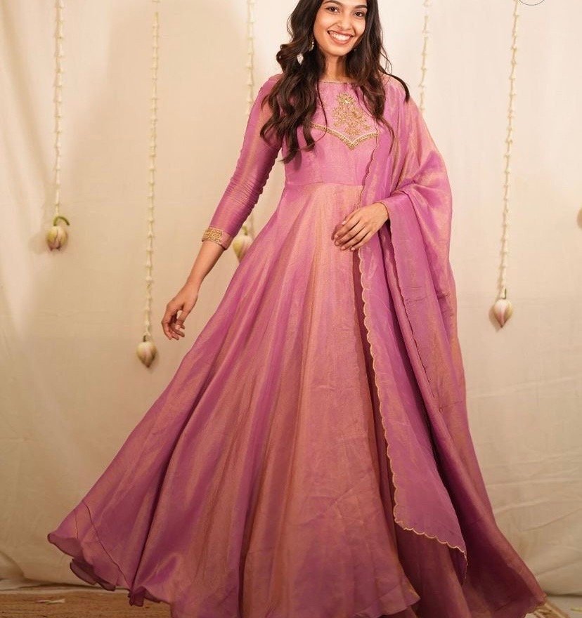 Hand embroidered pink Tissue anarkali with dupatta/anarkali suit set /pink kurta with dupatta USA/Indian dresses/tissue suit with dupatta