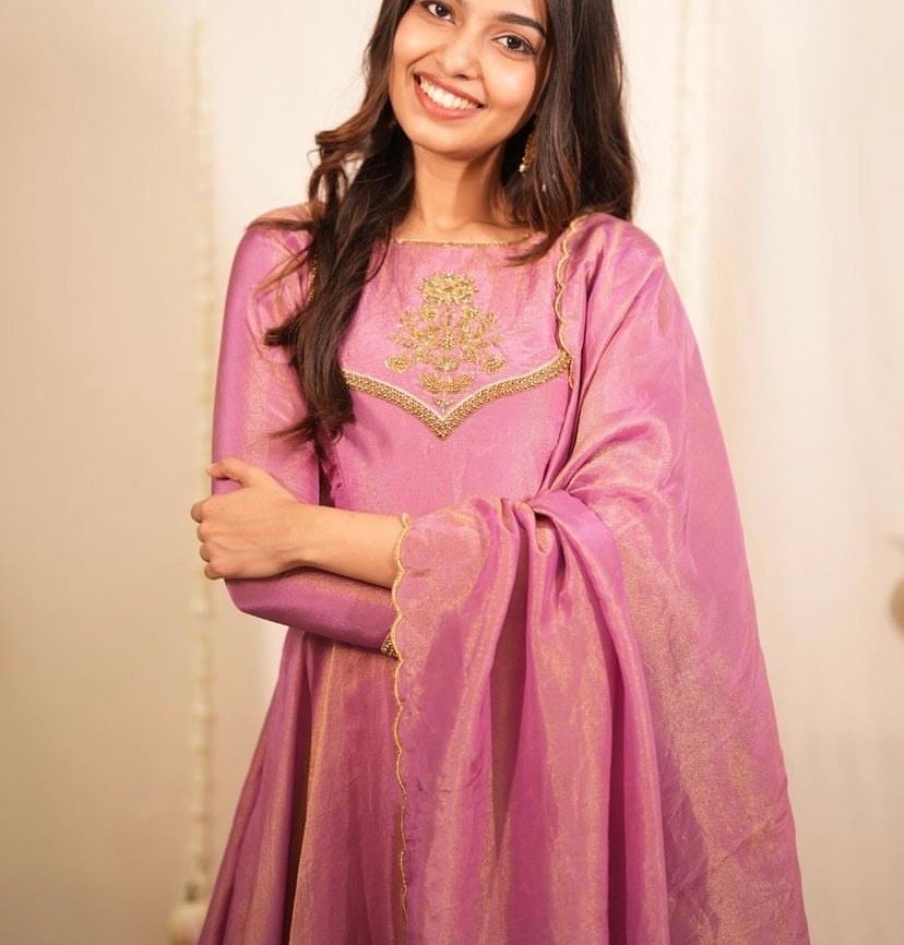 Hand embroidered pink Tissue anarkali with dupatta/anarkali suit set /pink kurta with dupatta USA/Indian dresses/tissue suit with dupatta