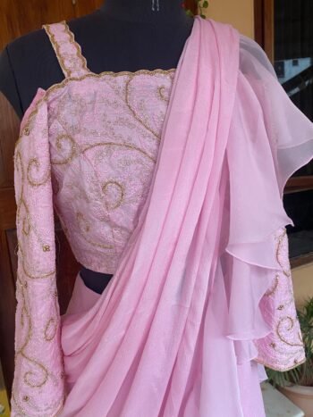 Ruffle saree with blouse/pink ruffle saree with stitched blouse/saree belt with blouse/pink modern ruffle saree/ cocktail saree with belt us