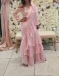 Ruffle saree with blouse/pink ruffle saree with stitched blouse/saree belt with blouse/pink modern ruffle saree/ cocktail saree with belt us