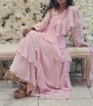 Ruffle saree with blouse/pink ruffle saree with stitched blouse/saree belt with blouse/pink modern ruffle saree/ cocktail saree with belt us