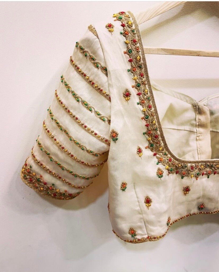 pure silk hand embroidery blouse/cream saree maggam blouse/raw silk zardosi blouse/hand embroidered blouse/cream ready made blouse zardosi