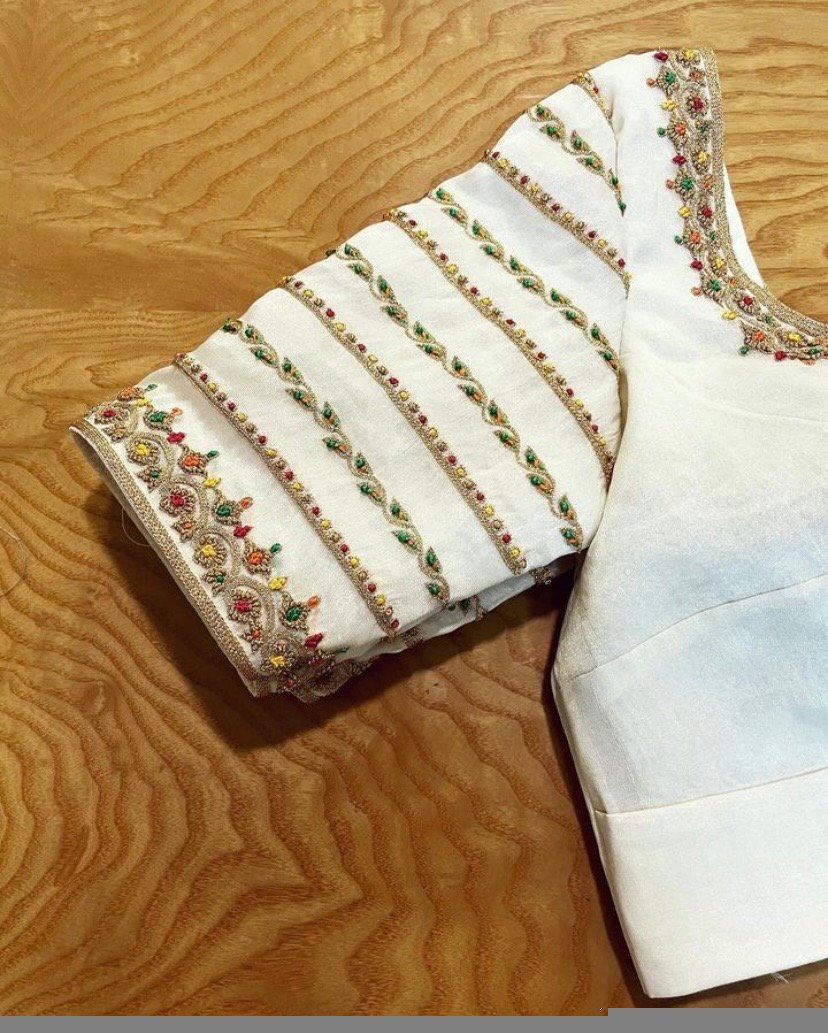 pure silk hand embroidery blouse/cream saree maggam blouse/raw silk zardosi blouse/hand embroidered blouse/cream ready made blouse zardosi