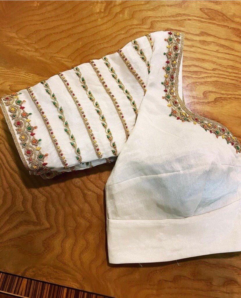 pure silk hand embroidery blouse/cream saree maggam blouse/raw silk zardosi blouse/hand embroidered blouse/cream ready made blouse zardosi