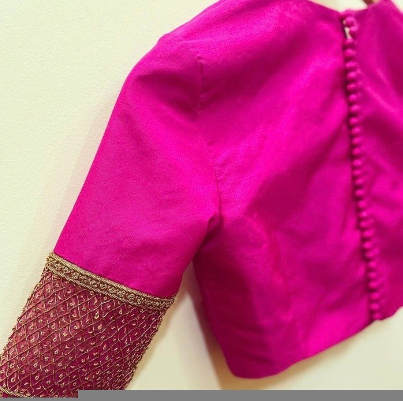 Pink Raw Silk Saree Blouse: Hand Embroidered Zardosi Maggam