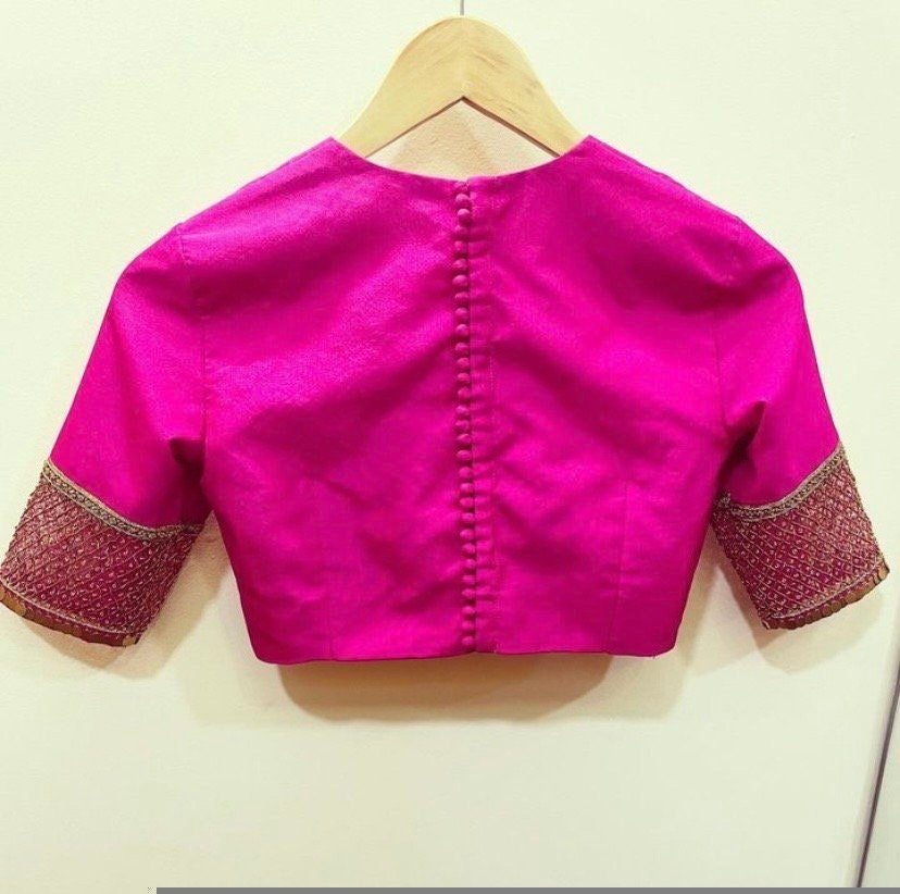 Pink Raw Silk Saree Blouse: Hand Embroidered Zardosi Maggam