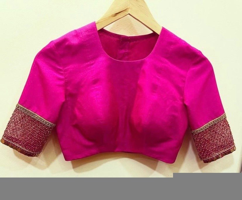 Pink Raw Silk Saree Blouse: Hand Embroidered Zardosi Maggam