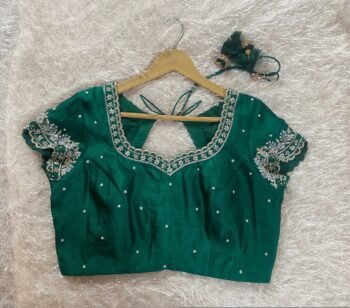 pure silk hand embroidery blouse/short sleeve maggam blouse/raw silk zardosi blouse/hand embroidered blouse/green ready made blouse zardosi