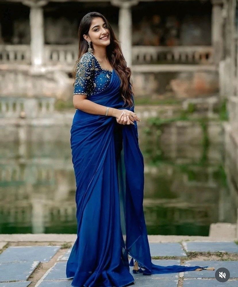 Blue silk saree with hand embroidered blouse/blue georgette saree with handwork blouse |blue silk saree/designer saree with maggam blouse us