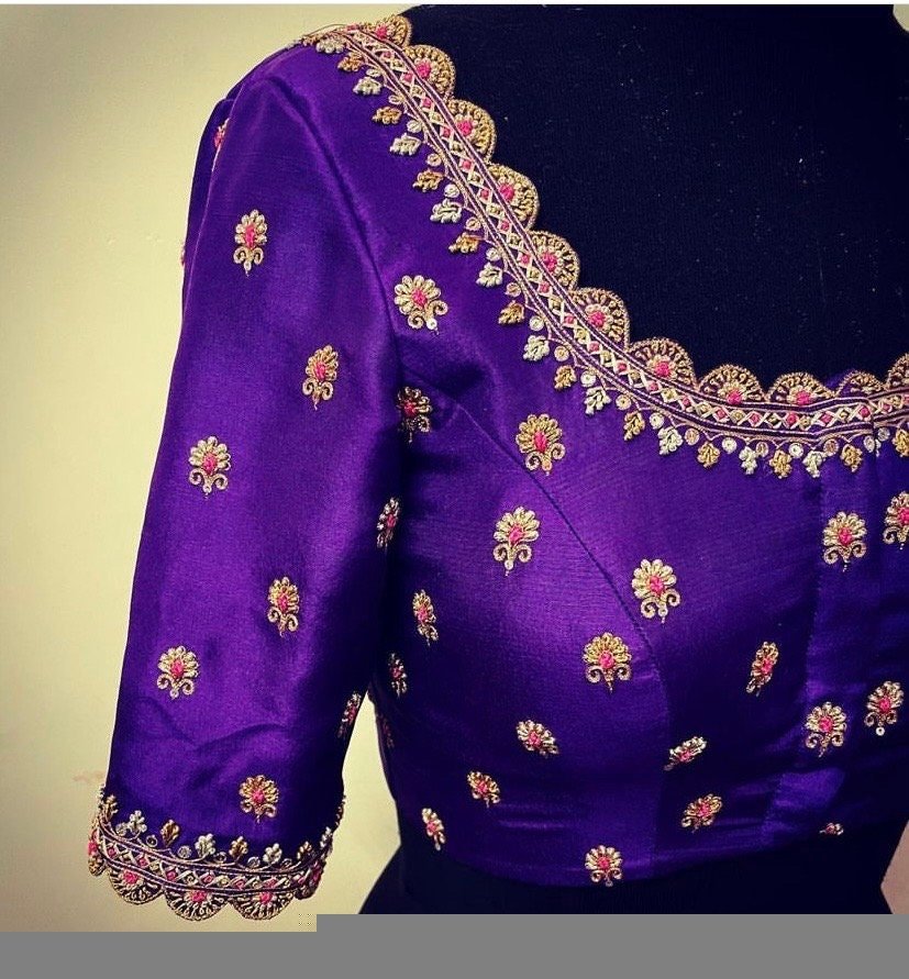 pure silk hand embroidery blouse/saree maggam blouse/purple zardosi blouse usa/hand embroidered moderblouse/purple ready made blouse zardosi