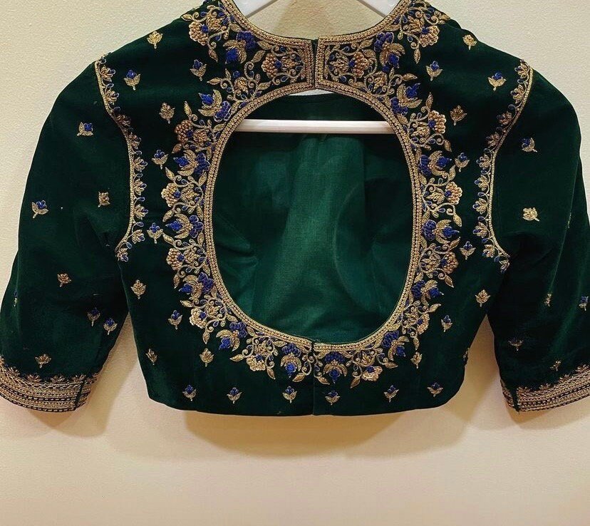 pure velvet hand embroidery blouse/modern saree maggam blouse/green zardosi blouse/ hand embroidered blouse/green velvet ready made blouse