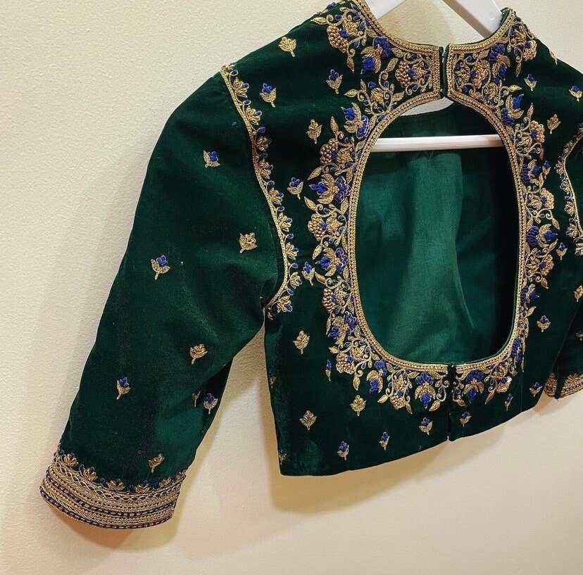 pure velvet hand embroidery blouse/modern saree maggam blouse/green zardosi blouse/ hand embroidered blouse/green velvet ready made blouse