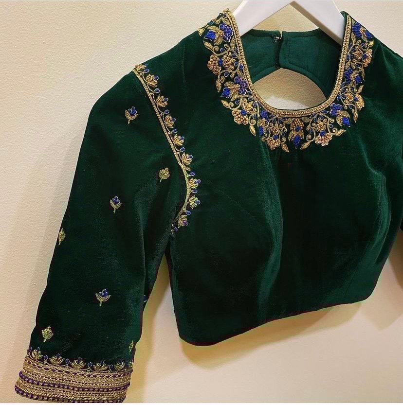 pure velvet hand embroidery blouse/modern saree maggam blouse/green zardosi blouse/ hand embroidered blouse/green velvet ready made blouse