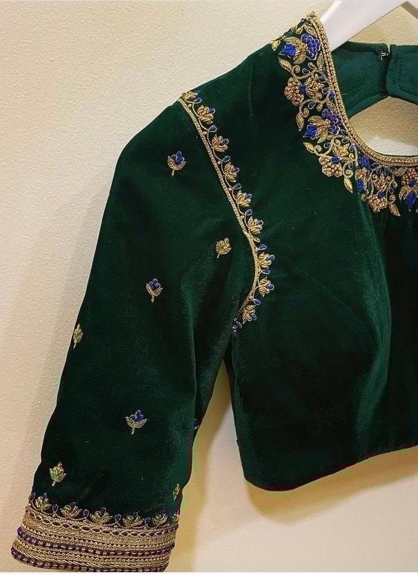 pure velvet hand embroidery blouse/modern saree maggam blouse/green zardosi blouse/ hand embroidered blouse/green velvet ready made blouse