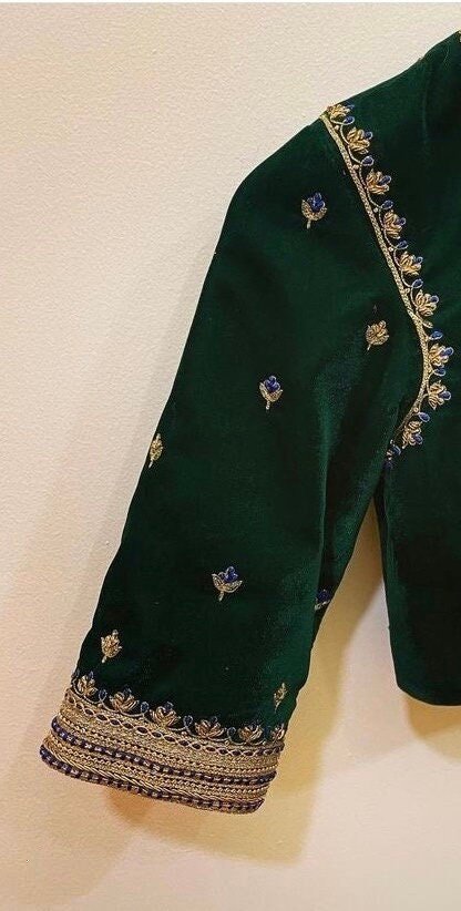 pure velvet hand embroidery blouse/modern saree maggam blouse/green zardosi blouse/ hand embroidered blouse/green velvet ready made blouse