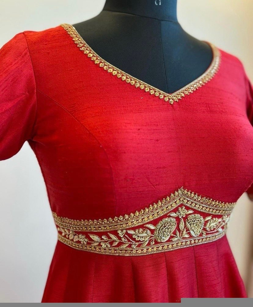 Hand embroidered Anarkali dress/red anarkali suit set/red hand work anarkali USA/Indian dresses/red kurta/pure silk red empire waist dress