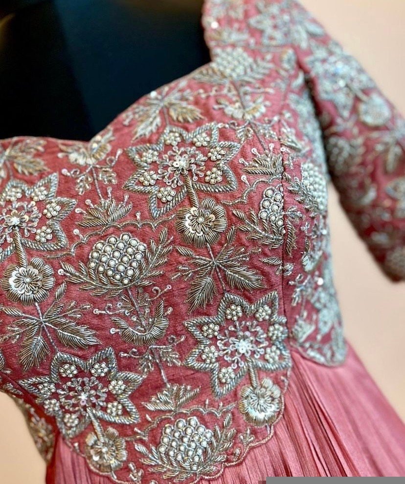 Hand Embroidered Anarkali Suit: Onion Pink Indian Dress