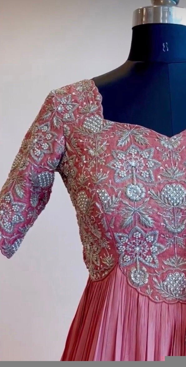 Hand Embroidered Anarkali Suit: Onion Pink Indian Dress