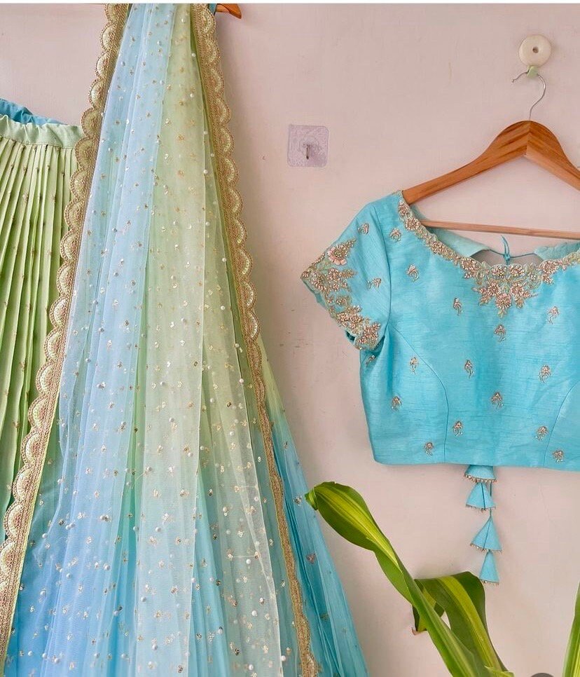 Ombre Lehenga Choli Set: Blue & Yellow Silk Skirt, Embroidered Crop Top