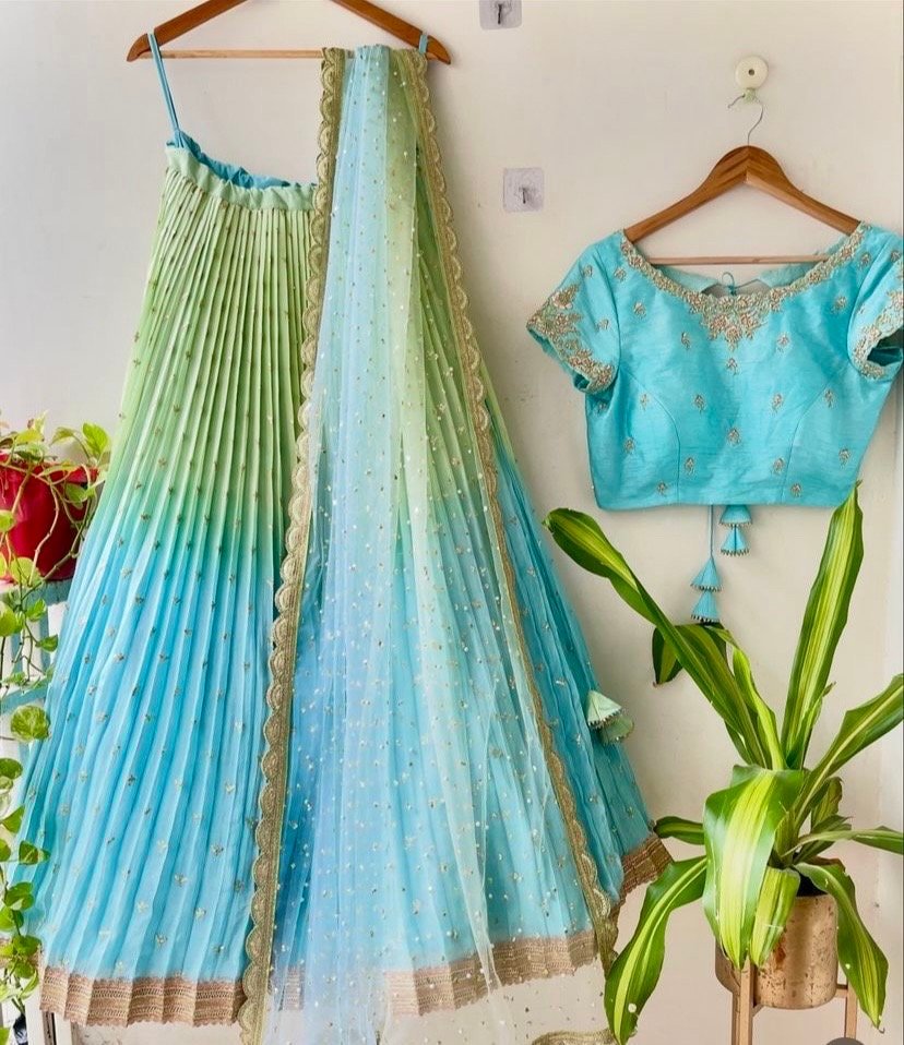 Ombre Lehenga Choli Set: Blue & Yellow Silk Skirt, Embroidered Crop Top
