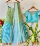 Ombre Lehenga Choli Set: Blue & Yellow Silk Skirt, Embroidered Crop Top
