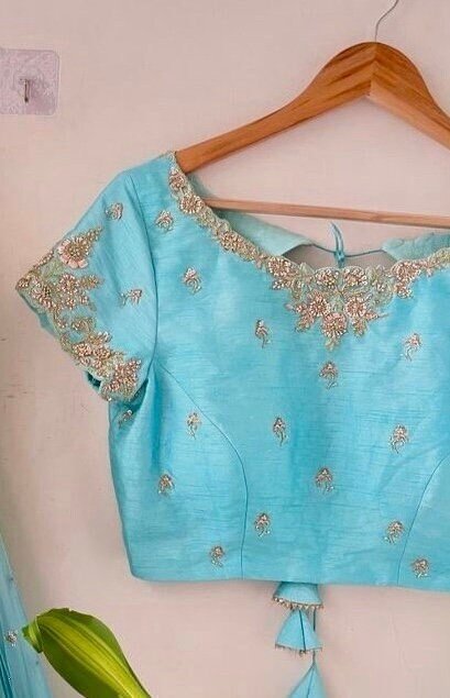 Ombre Lehenga Choli Set: Blue & Yellow Silk Skirt, Embroidered Crop Top