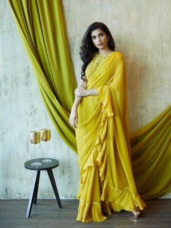 Mustard Yellow Ruffle Saree: Georgette Cocktail Sari with Embroidered Blouse