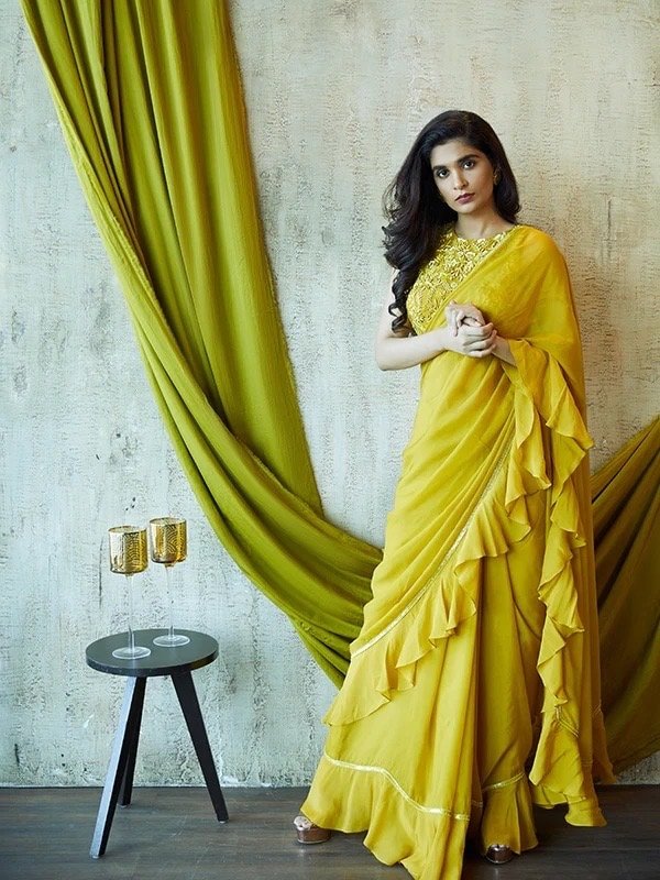 Mustard Yellow Ruffle Saree: Georgette Cocktail Sari with Embroidered Blouse