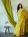 Mustard Yellow Ruffle Saree: Georgette Cocktail Sari with Embroidered Blouse