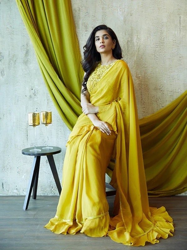 Mustard Yellow Ruffle Saree: Georgette Cocktail Sari with Embroidered Blouse