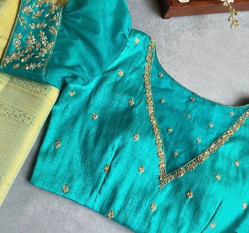 pure silk hand embroidery blouse/blue maggam blouse /raw silk puff sleeve blouse /blue hand embroidered blouse/readymade handwork blouse usa