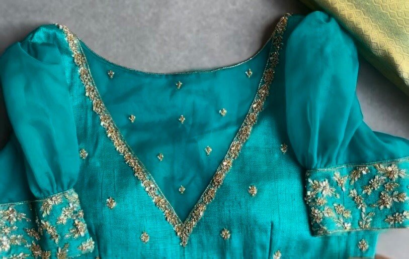 pure silk hand embroidery blouse/blue maggam blouse /raw silk puff sleeve blouse /blue hand embroidered blouse/readymade handwork blouse usa