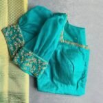 pure silk hand embroidery blouse/blue maggam blouse /raw silk puff sleeve blouse /blue hand embroidered blouse/readymade handwork blouse usa