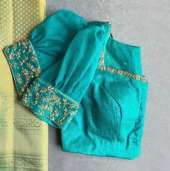 pure silk hand embroidery blouse/blue maggam blouse /raw silk puff sleeve blouse /blue hand embroidered blouse/readymade handwork blouse usa