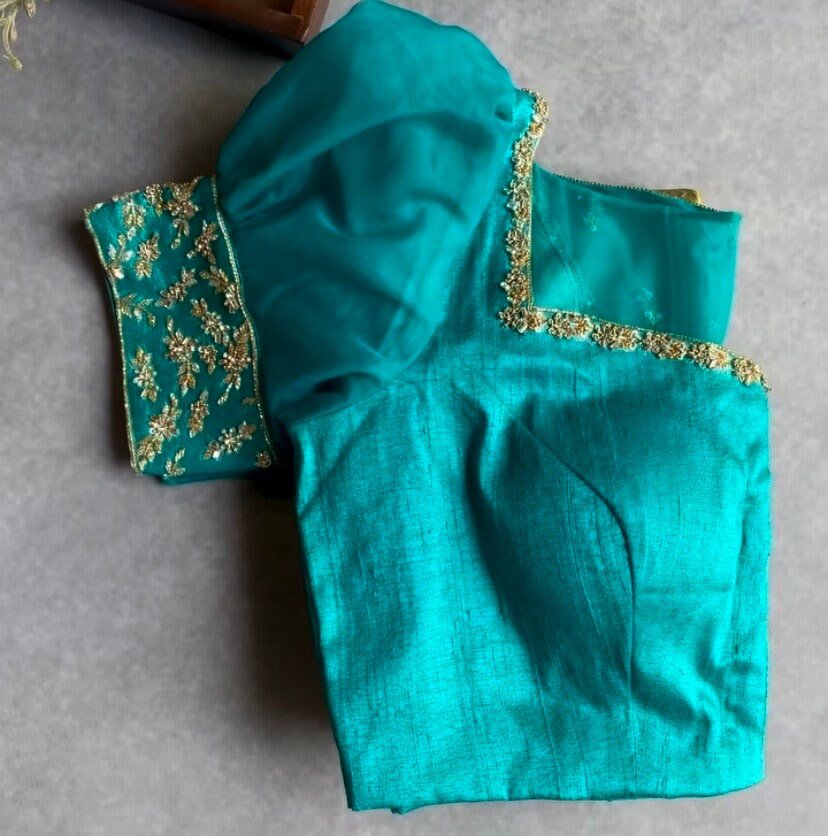 pure silk hand embroidery blouse/blue maggam blouse /raw silk puff sleeve blouse /blue hand embroidered blouse/readymade handwork blouse usa