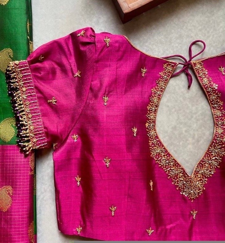 pure silk hand embroidery blouse/pink maggam blouse /raw silk puff sleeve blouse/pink hand embroidered blouse/readymade handwork blouse usa