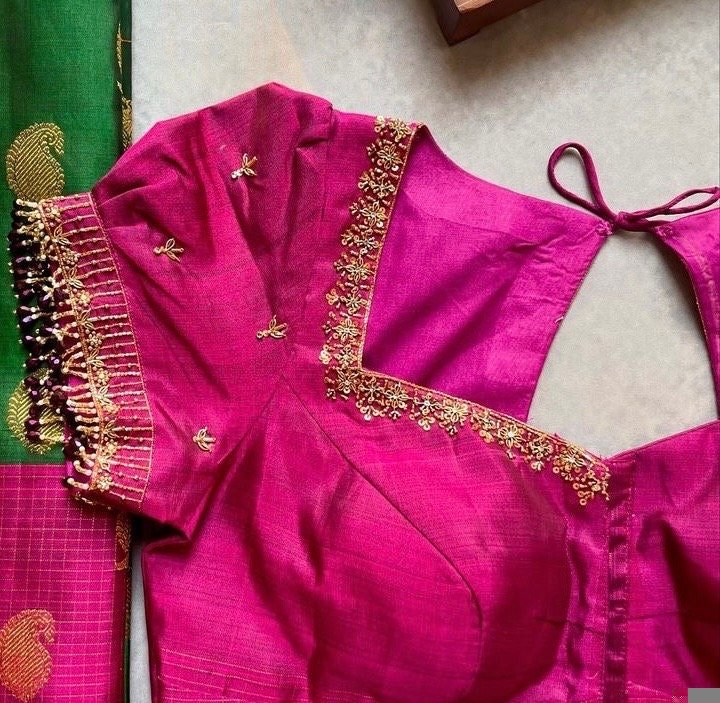 pure silk hand embroidery blouse/pink maggam blouse /raw silk puff sleeve blouse/pink hand embroidered blouse/readymade handwork blouse usa