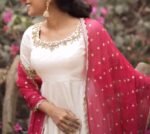 Hand embroidered Anarkali dress/cream anarkali suit set/white hand work anarkali with dupatta/white kurta/Anarkali with pants and dupatta