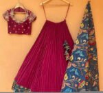 Maroon Red Lehenga Set: Hand-Painted Kalamkari Dupatta, Silk Skirt