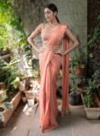 Peach silk saree with hand embroidered blouse/peach chinnon saree with handwork blouse/ silk saree with belt /peach designer saree with belt