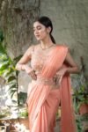 Peach silk saree with hand embroidered blouse/peach chinnon saree with handwork blouse/ silk saree with belt /peach designer saree with belt