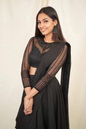 Black draped teens Lehenga set/full sleeve draped gown/black lehenga gown/black hand embroidered gown/black skirt/black long party dress usa