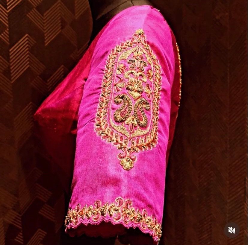 pure silk hand embroidery blouse/saree maggam blouse/pink zardosi blouse/hand embroidered blouse /magenta pink ready made blouse zardosi