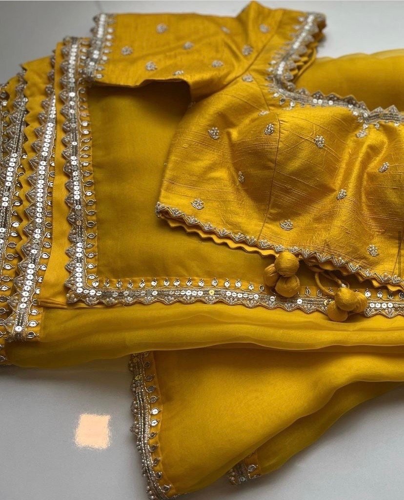 Yellow Organza Silk Saree: Hand-Embroidered Maggam Blouse