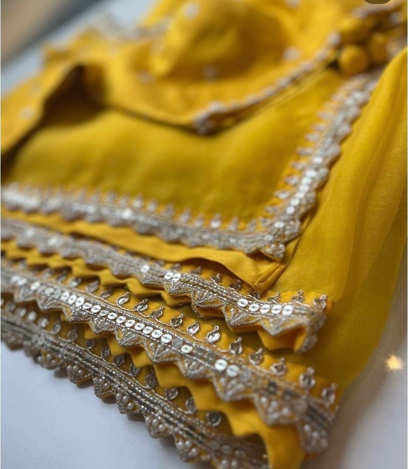 Yellow Organza Silk Saree: Hand-Embroidered Maggam Blouse
