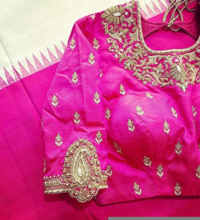 pure silk hand embroidery blouse/saree maggam blouse/hot pink zardosi blouse/hand embroidered blouse /magenta pink ready made blouse zardosi