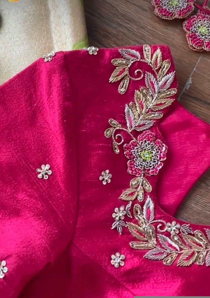pure silk hand embroidery blouse/saree maggam blouse/purple zardosi blouse/hand embroidered blouse /magenta pink ready made blouse zardosi