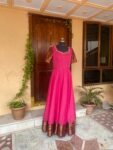 Pink Kanchi Cotton Anarkali Dress: Handloom Border, Hand-Embroidered Neck,cotton saree dress,narayanpet dress,border dress,Indian kurta USA