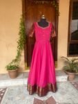 Pink Kanchi Cotton Anarkali Dress: Handloom Border, Hand-Embroidered Neck,cotton saree dress,narayanpet dress,border dress,Indian kurta USA